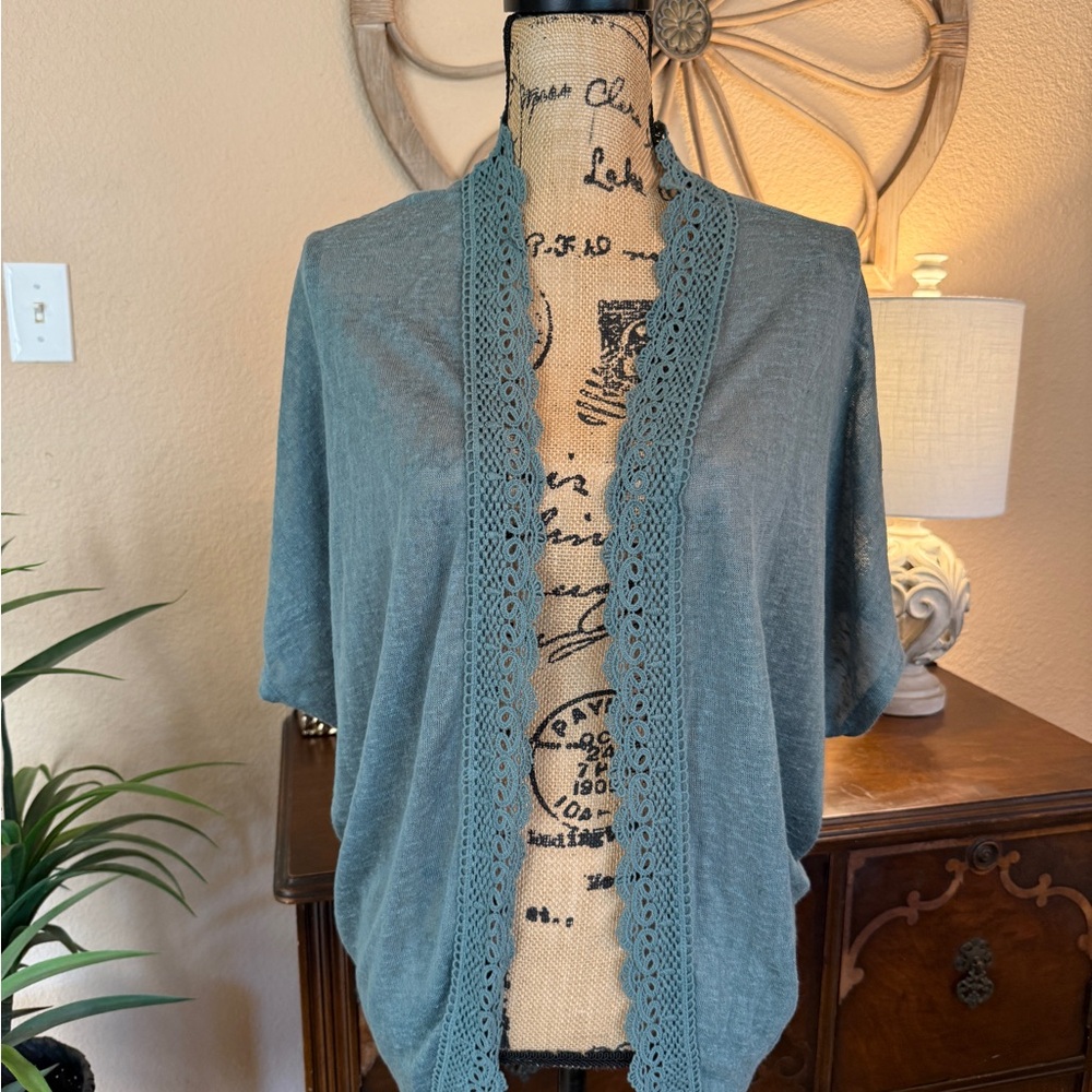New Pink Republic Sage Green Open-Front Cardigan with Crotched Trim - Picture 13 of 13